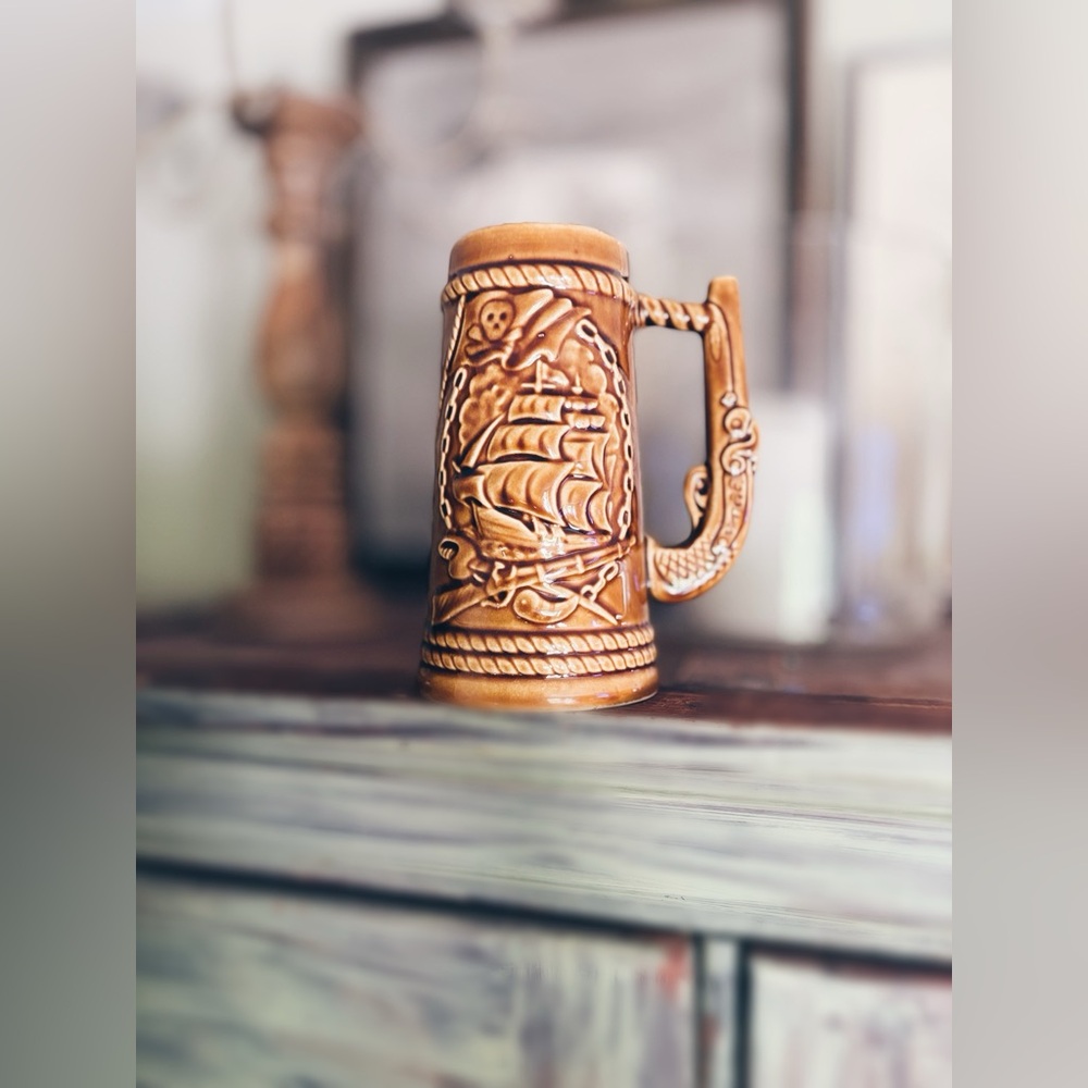 Vintage 1960s Pirate Beer Stein - Rustic Caramel Ceramic - Nautical Scene